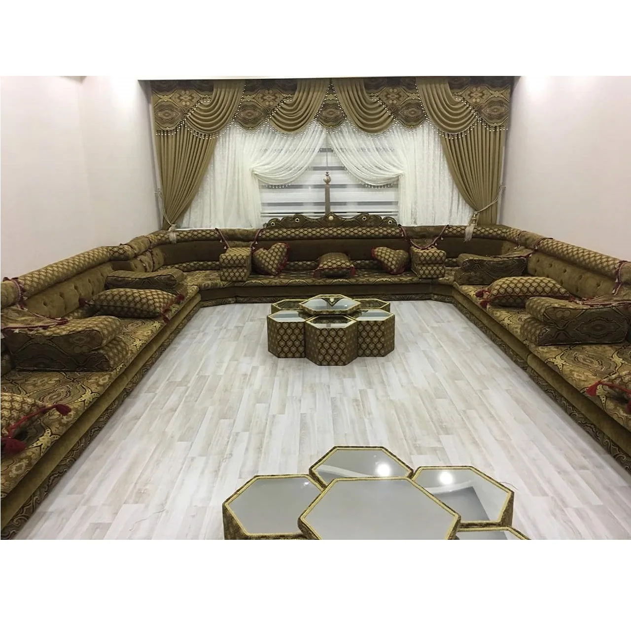 Ottoman Style Sofa Arabic Majlis Oriental Floor Seating | Sitting Height 25cm  |  Sofa + Wool Carpet + Curtain + Table Set FULL