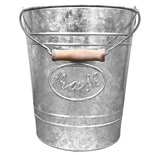 Galvanized Trash Can Small Bathroom Waste Bin Embossed Rings Oval Label and Turned Wood Handle add Farmhouse Warmth and Charm