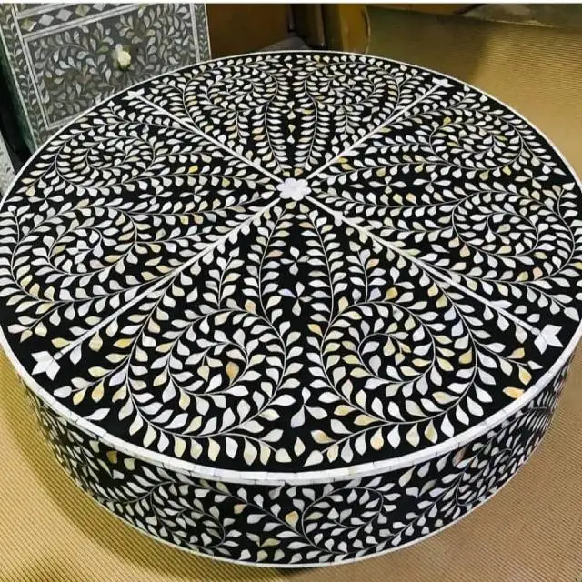 Mango Wood Coffee Table Inlay Furniture Round Center Table India Handmade Bone Inlay Coffee Table For Living Room Decor