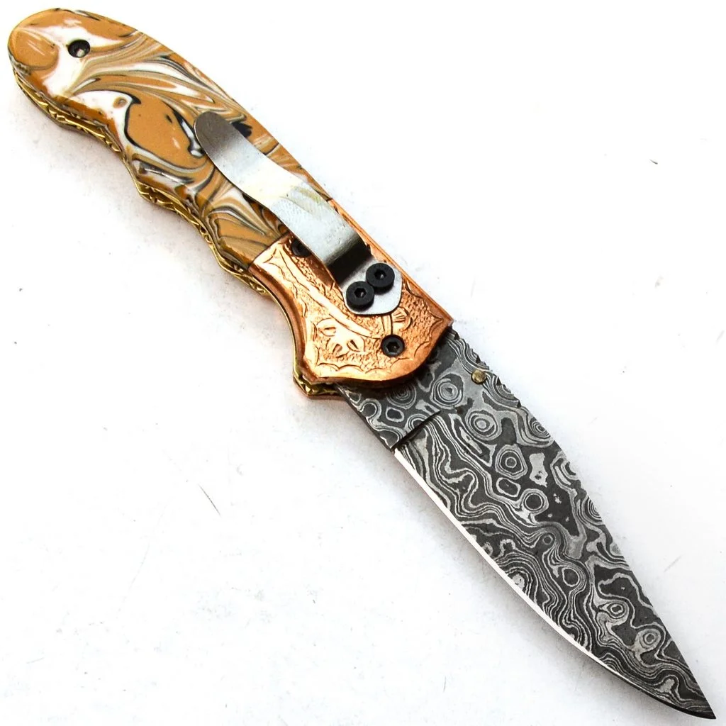 
 Складной/карманный нож ручной работы из дамасской стали с ручкой из листа смолы  