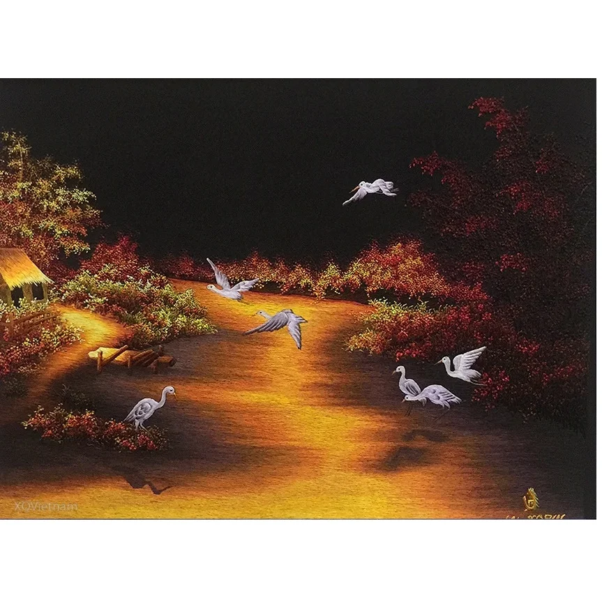 Vietnam Manufacturers Luxury Crafts Paintings The Evening On My Homeland Hand Embroidery Paintings
