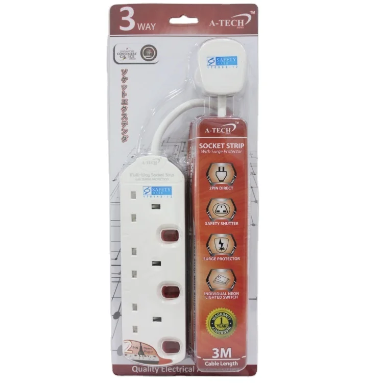 
Singapore Extension Socket 3 GANG SOCKET STRIP W/SURGE PROTECTOR (3METRES) With UK Plug Standard 