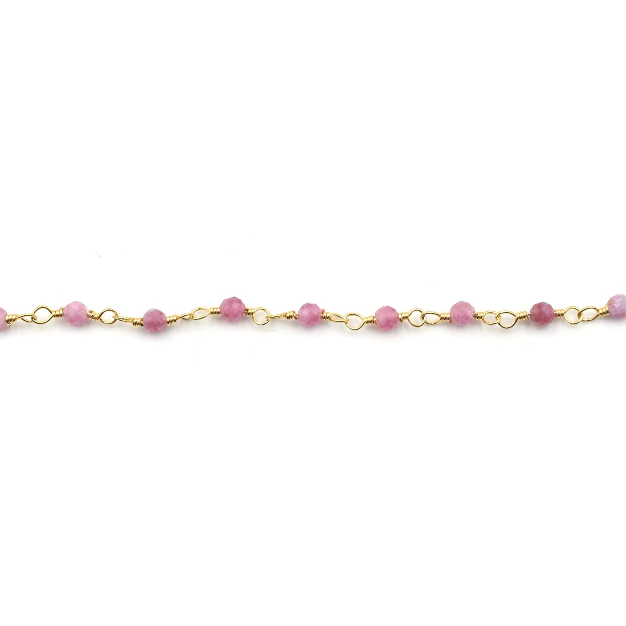 Pink Sapphire Faceted Rondelle Shape Brass Gold Plated Rosary Wire Wrapped Chain Sold by Foot