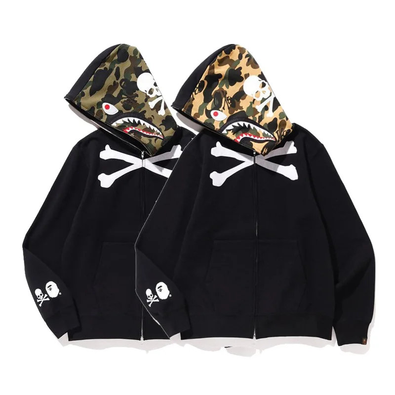 Fall Winter Fashion Wholesale Camouflage Coupleswear Casual Cardigan Hooded Bape Shark Men Plus Size Hoodies Jacket