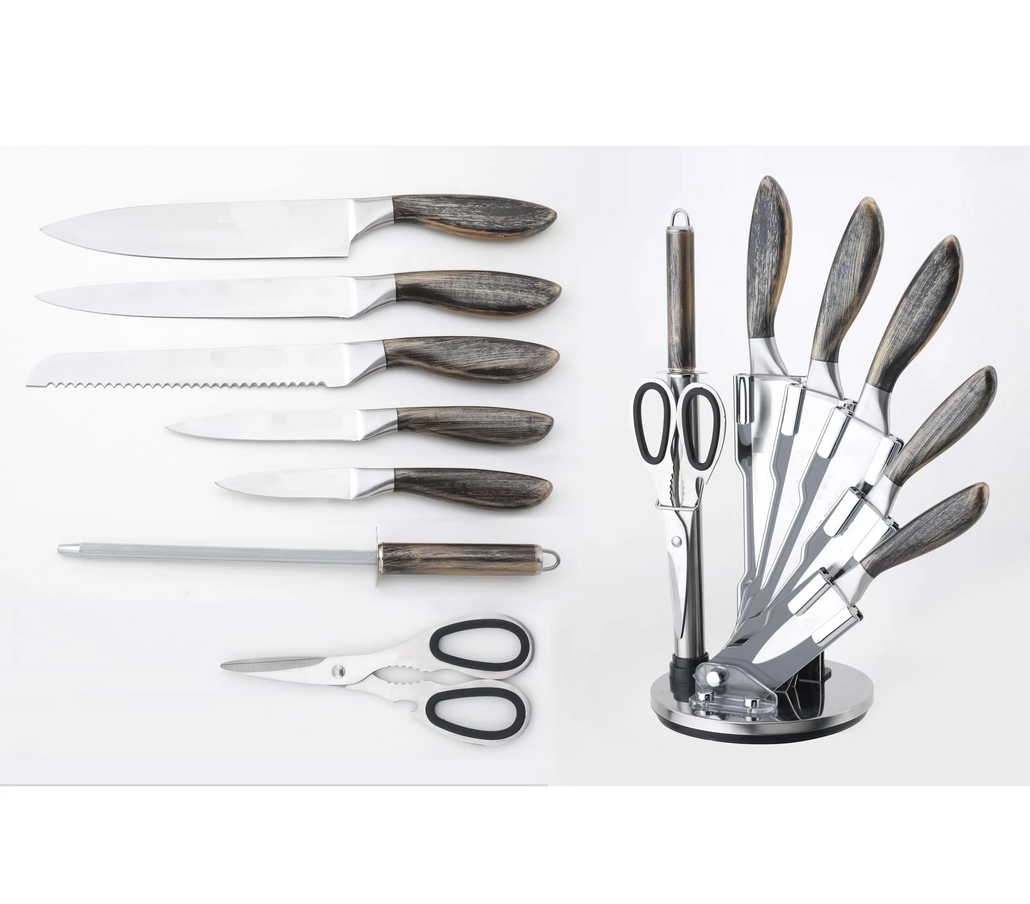 Yangjaing Factory, high quality Hollow kitchenware 430SS Chef knife set, sharpener with antique handle and acrylic stand