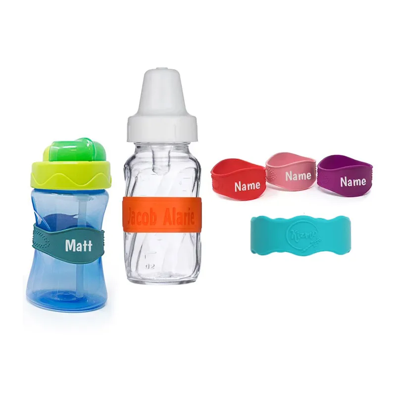 wholesale custom embossed logo safety silicone baby bottles label bands