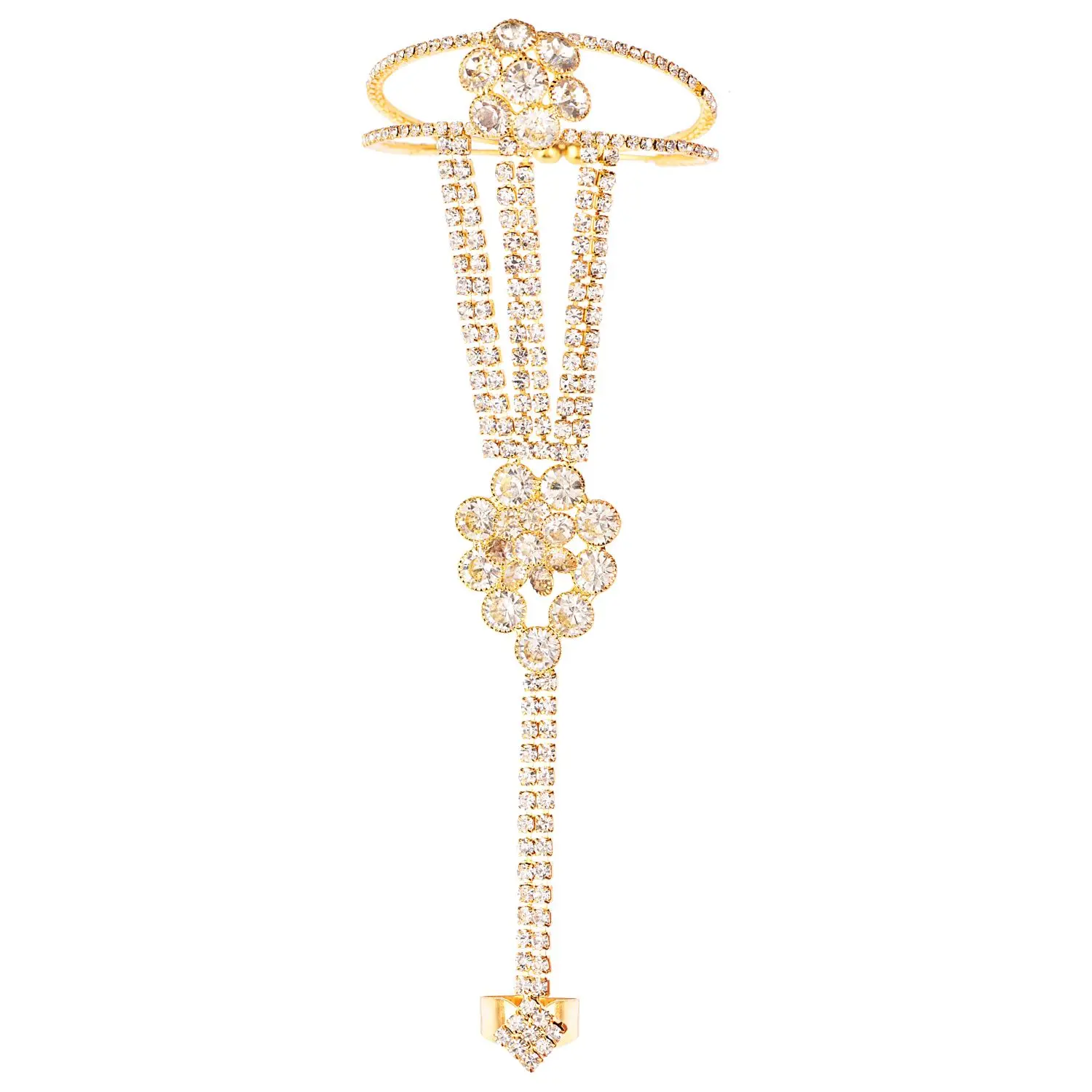 Elegant Fancy CZ Crystal Link Chain Bracelet for Women Alloy Hath Phool with Pearl for Wedding Party or Anniversary