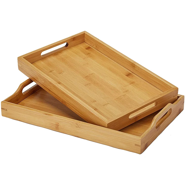 Natural bamboo 2-piece rectangular kitchen living room wooden tray with handle
