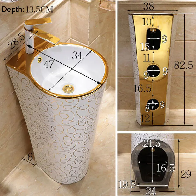 Chinese European Design Bathroom sinks Wash Basin Stand on-piece Pedestal golden color Basin