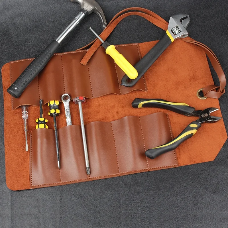Topgood Waterproof PU Handmade Soft Leather pu Roll bag Tools Bag with 10 Pockets for electrician