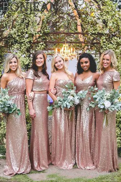Morili Rose Gold Sequins Bridesmaid Dress Long Junior Wedding Guest Dress For Wedding Party Brides Maid Dresses  MBLB516