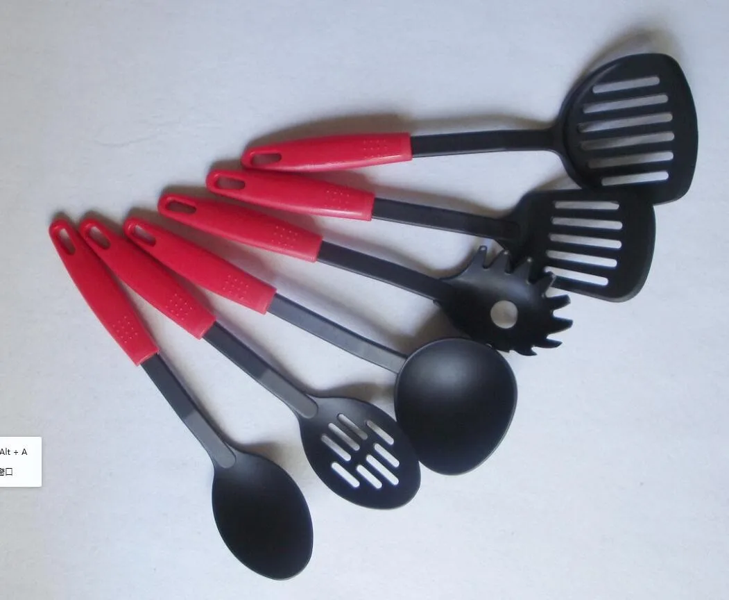 Yangjiang stainless steel Factory, S7 7 Nylon Kitchen utensil with marble PP handle match with rotary stand, OEM design