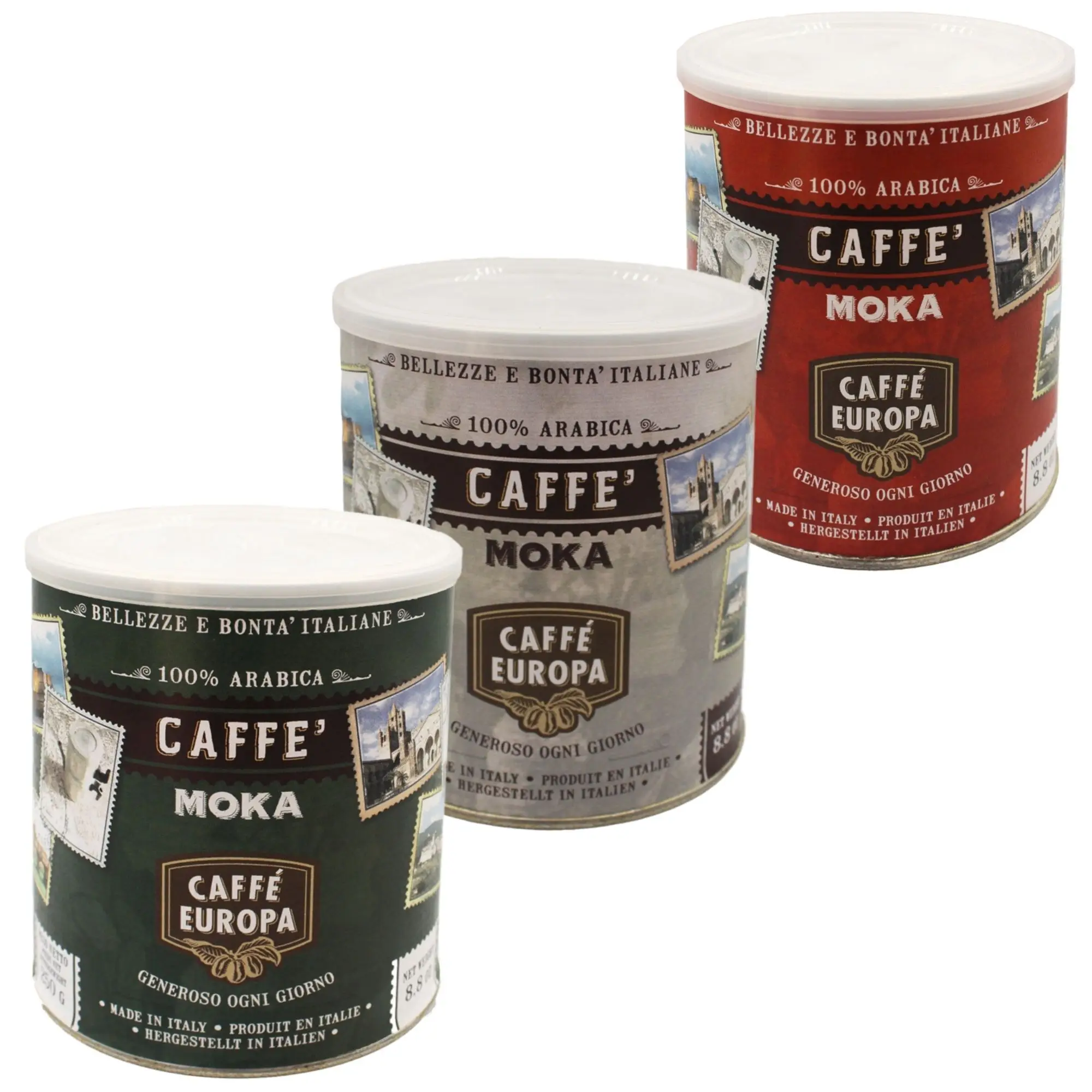 High Quality Ground Coffee Caffe Europa Italian Stamp Collection 100% Arabica Blend in Aroma Saving Tin for Moka 250g