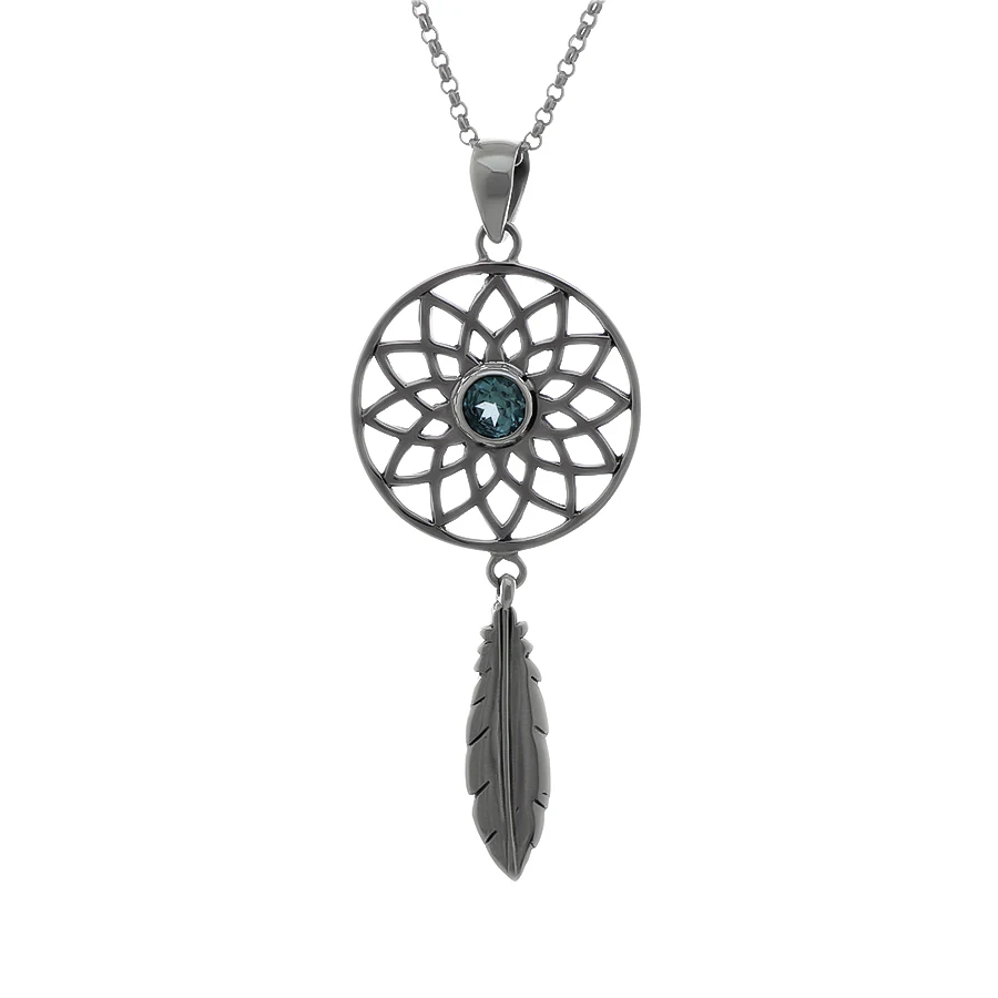 Sterling Silver Lotus Dream Catcher Pendant with Blue Topaz