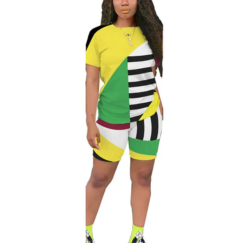  Новейшая модная дизайнерская женская разноцветная летняя одежда в стиле пэчворк 100% хлопок однотонные повседневные комплекты из Джерси