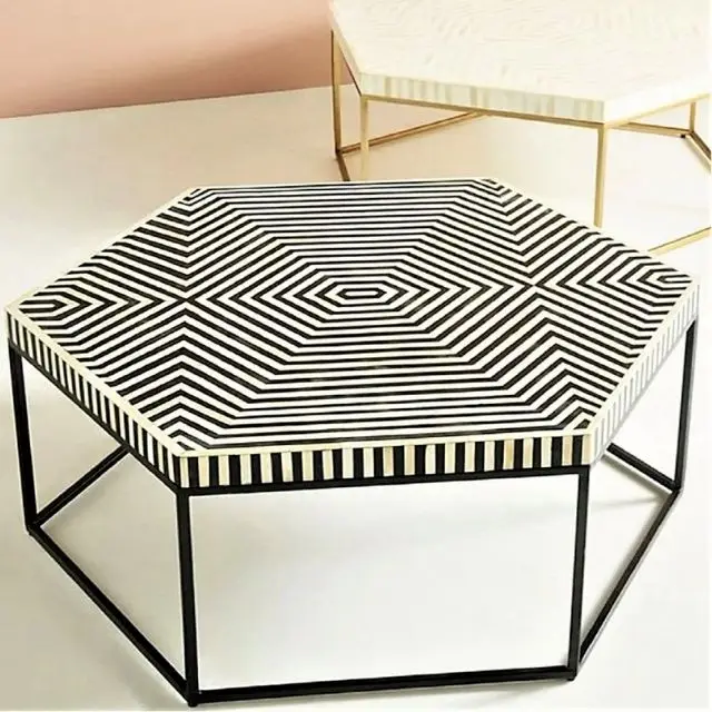 Hexagon Bone Inlay Coffee Table Modern Accent Jodhpur Handcrafted Bone Inlay Furniture India Coffee Side Table For Living Room