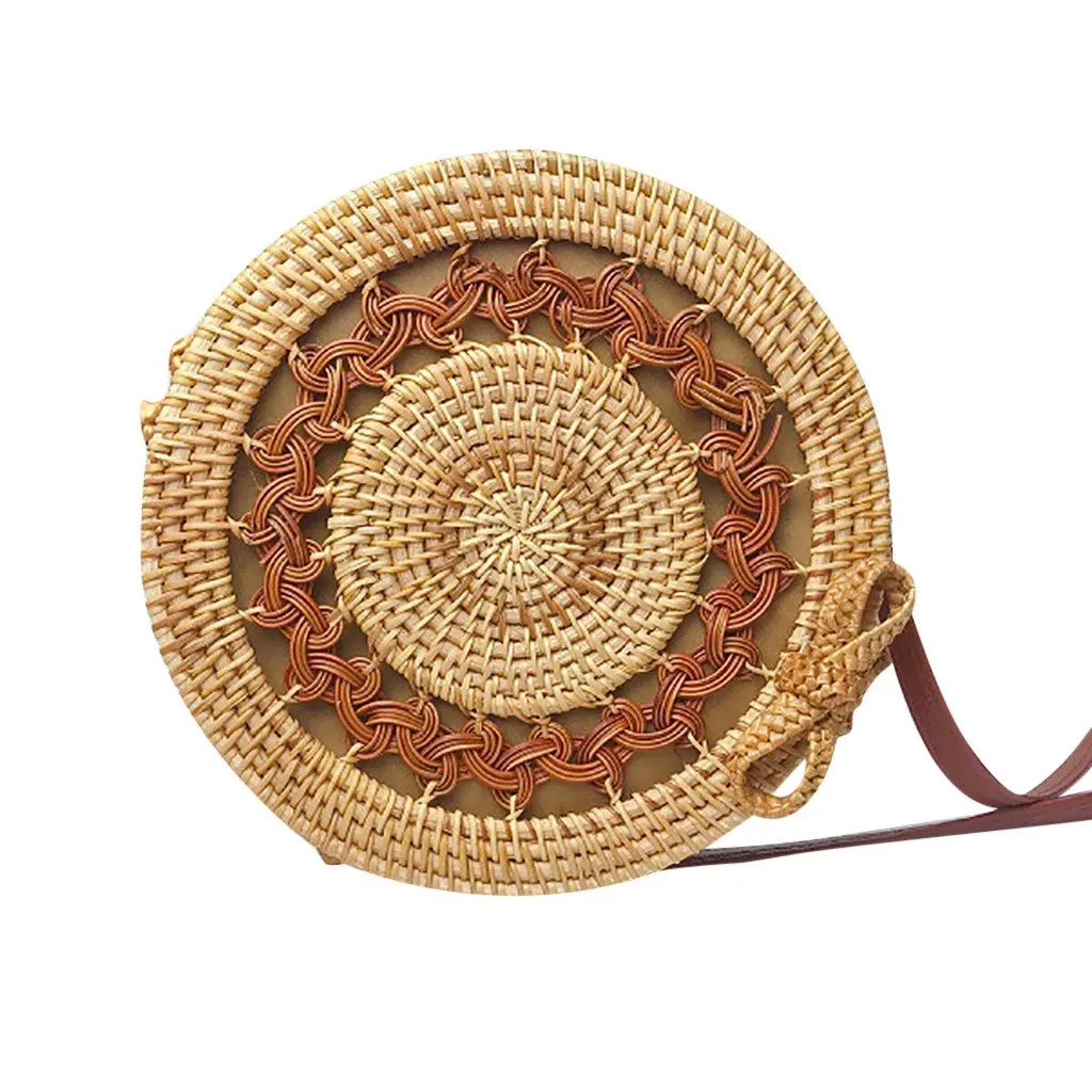 Fashionable hot trend canteen crossbody round rattan bags bali woven handmade boho rattan basket bag