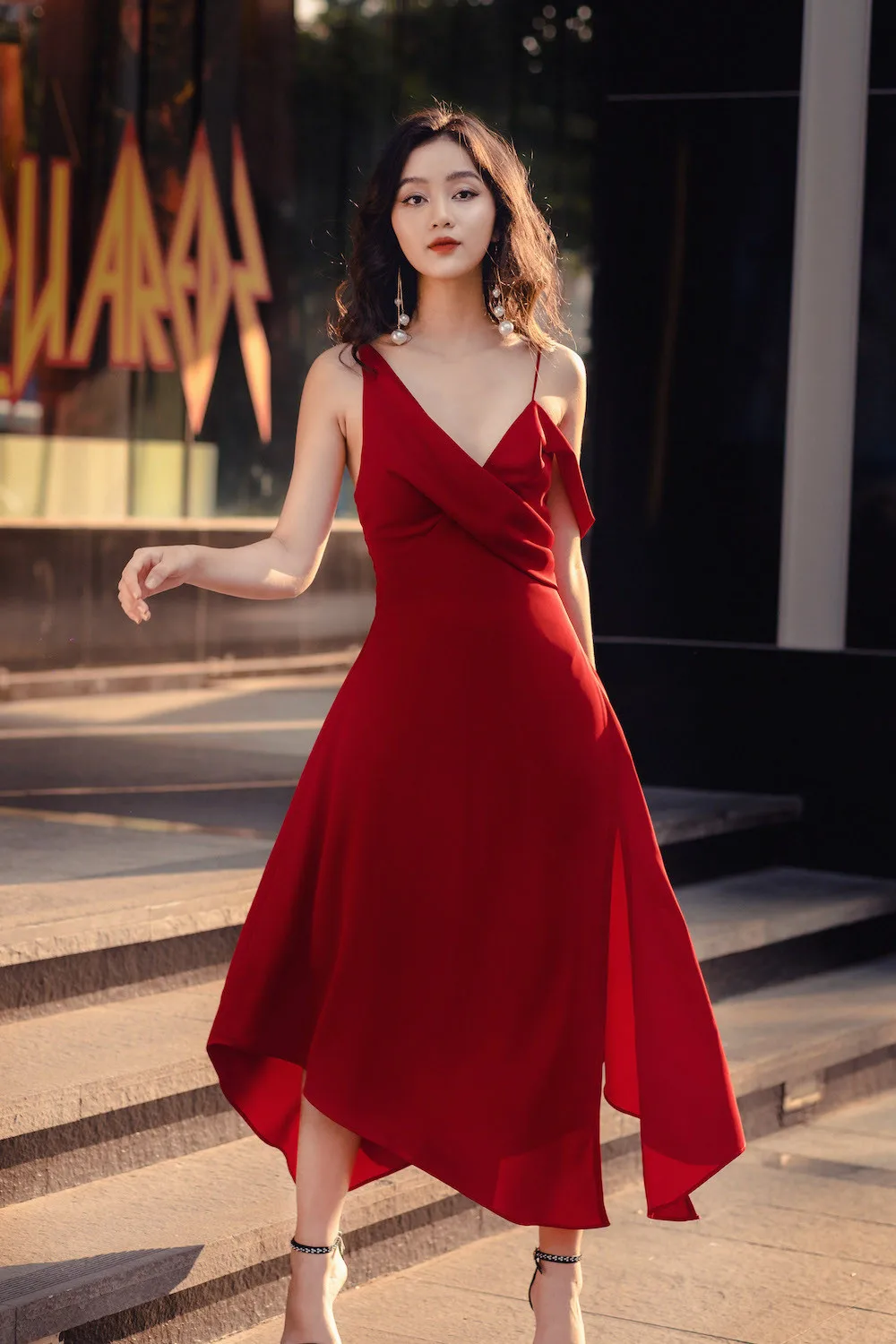 New arrivals cross over V neck bust pretty burgundy maroon midi dresses for woman party prom night out Made in Vietnam