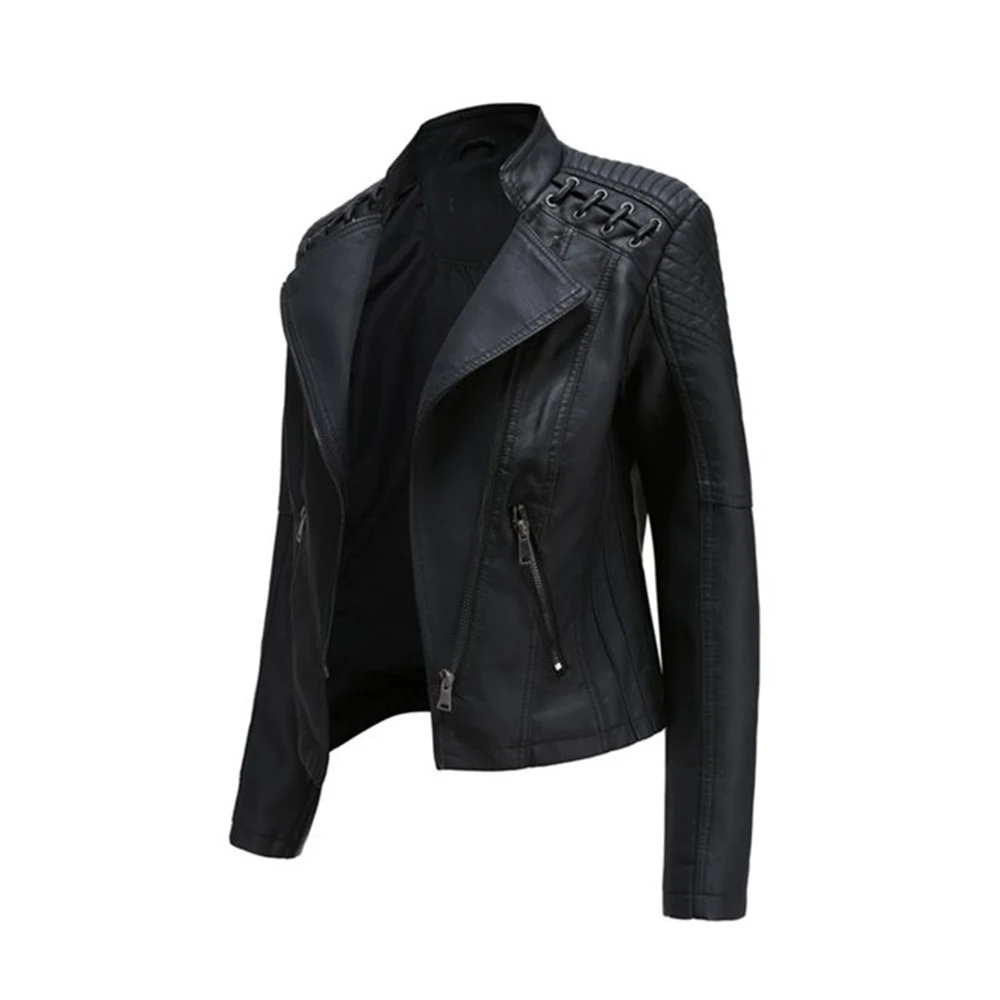 High Quality Women Faux Leather Jacket Long Sleeve Lapel Zip Up Short Coat with Pockets