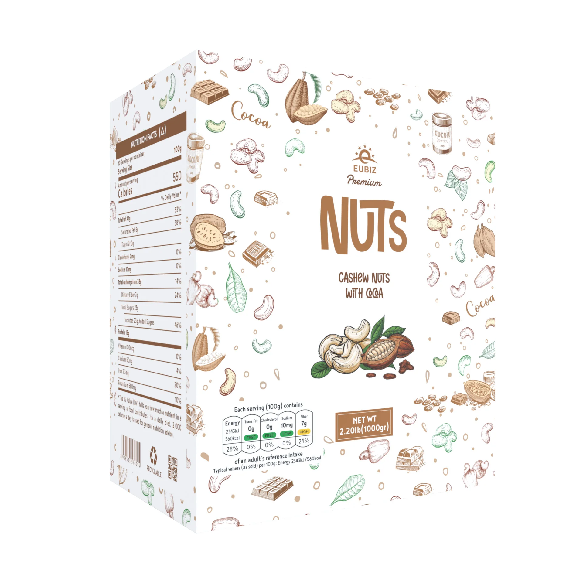 EUBIZ-орехи кешью-Аромат: коробка какао (бумага) 1000 г (35 3 унции)-сделано во Вьетнаме-органические закуски для веганов