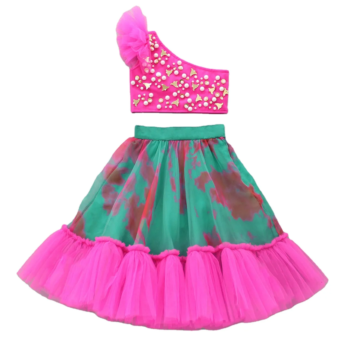 Perspective Of Style Mirror Pearl Girls Kids Wear Embellished Hot Pink One Shoulder Top Tie Dye Organza Lehenga wholesale ethnic