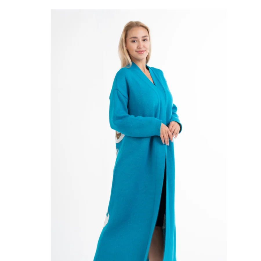 Теплый длинный вязаный синий кардиган «икат» для женщин