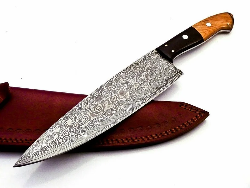 
Hand Made Damascus Steel Craft Chef Knife For kitchen use hand forge knife with leather sheath fixed blade CK-10 With leather 