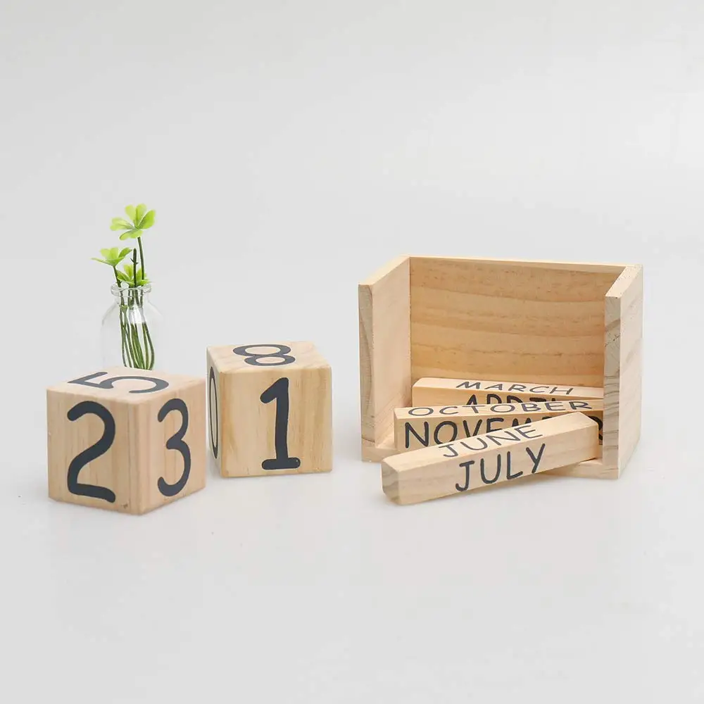 Desk Accessory Calendar  Home Office Decoration Perpetual Soild Wooden Block Calendar