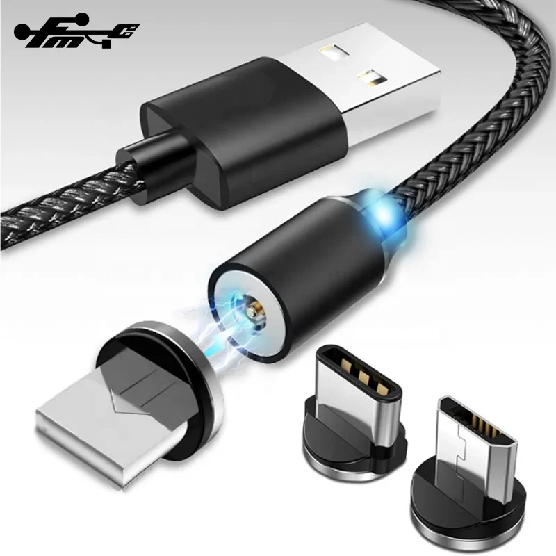 Cell Phone Cable Magnetic USB Charger 1M 3 in 1 USB Charging Data LED Metal Micro USB Function Cables Magnetic Phone Charger
