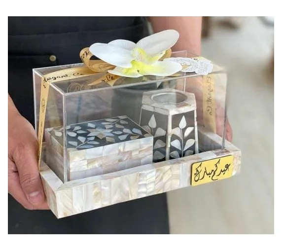 Arabic Ramadan Gift Wood Mother of Pearl Inlay Mubkhar Bakhoor Burner Tray Box Set Oud Burner Dubai muslim  Censer Bone Inlay