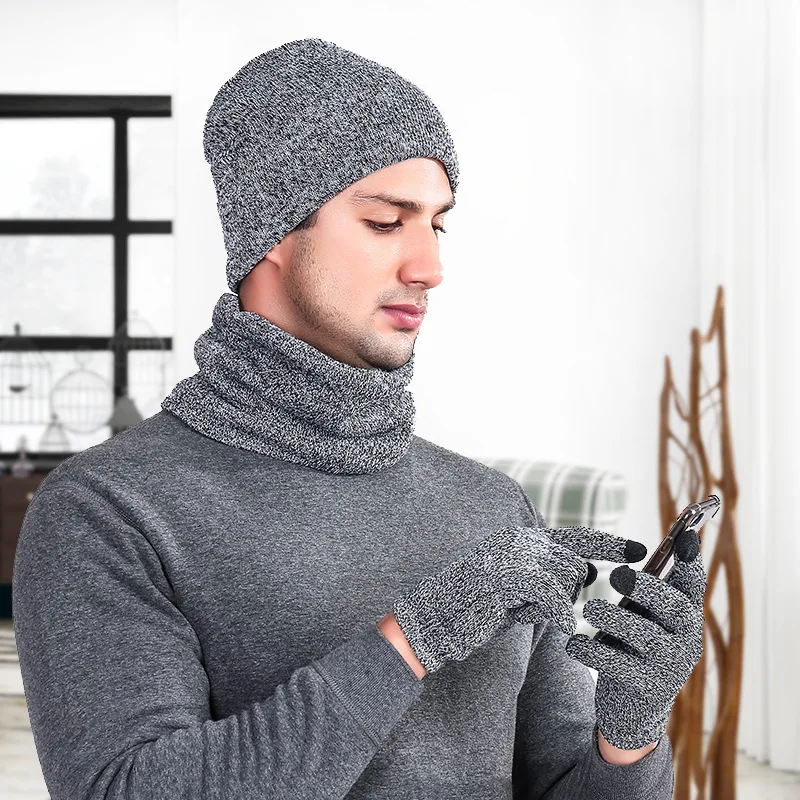 Winter Hat Scarf Glove Set Warm Knit Lined Fleece Beanie Scarf Touchscreen Gloves Winter Cuffed Wool Hat Set for Man Woman