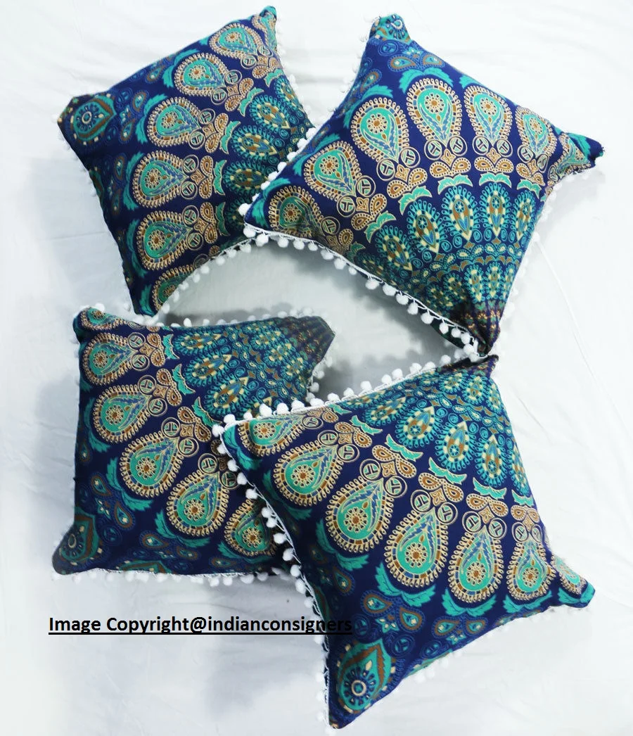 Set of 4 Pcs Square Cushion Cover Peacock Mandala Indian Cushion Cover Pillow Cover Multiple Color