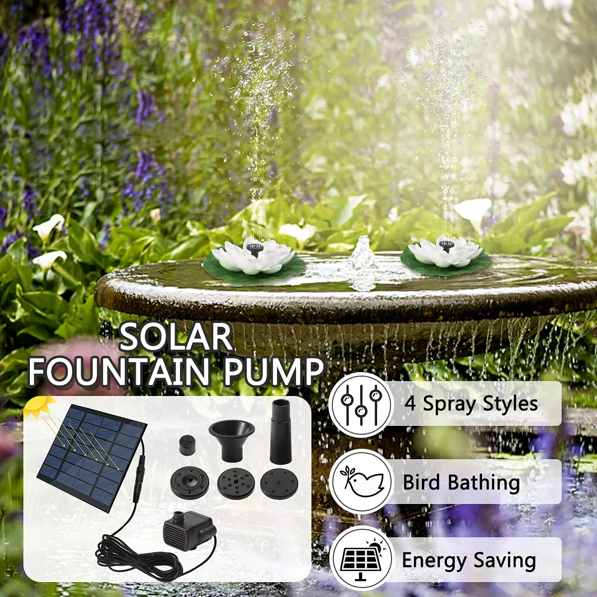 Electomania Solar Power Fountain for Home Garden for Bird Bath Garden Pond Pool Outdoor White Lotus IN;27243 Plastic Modern F-1