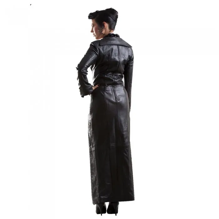 Women Leather Dress Black with Vampy Sexy Collar Laced Neckline