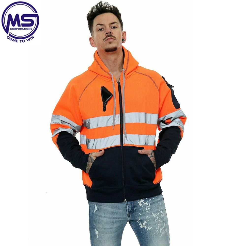Factory in Stock Custom High Visibility Road Work wear 100% Polyester Reflective Safety Hoodies For Men