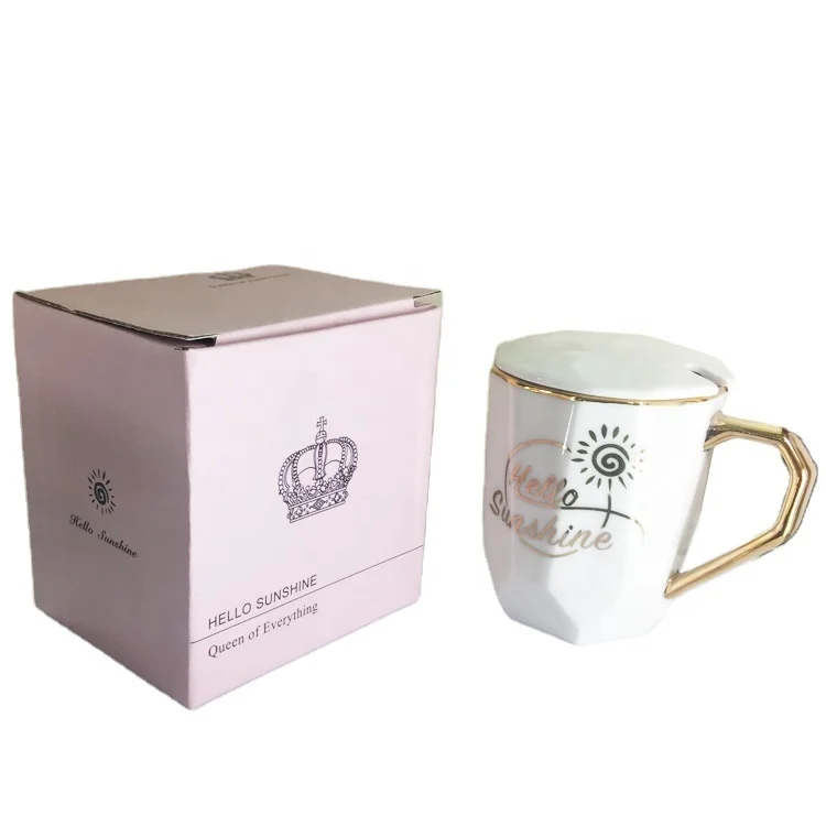Custom printing gold logo WHITE ceramic mug coffee cup with LID,gold handle,gold top