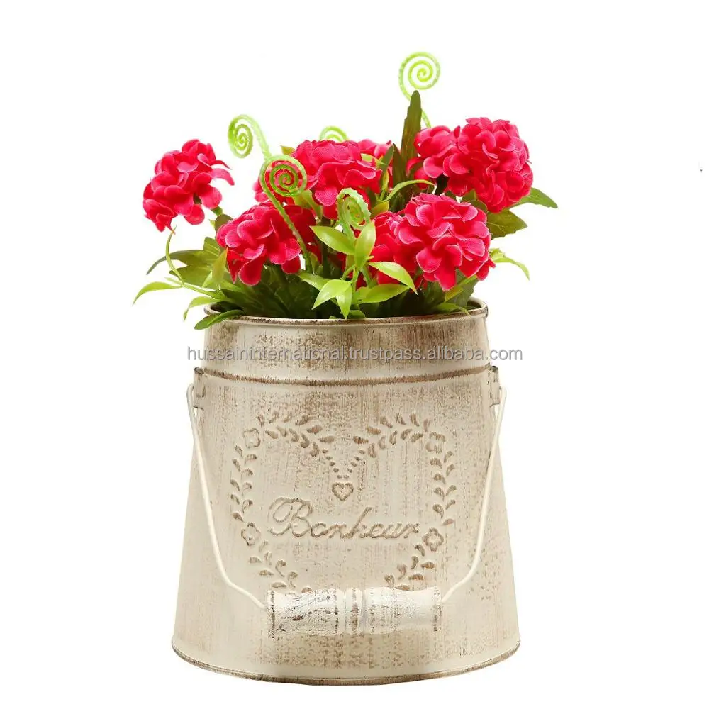 Heart Embossed French Country Vintage Metal Garden Decor Bucket Centerpiece Vase Flower Holder
