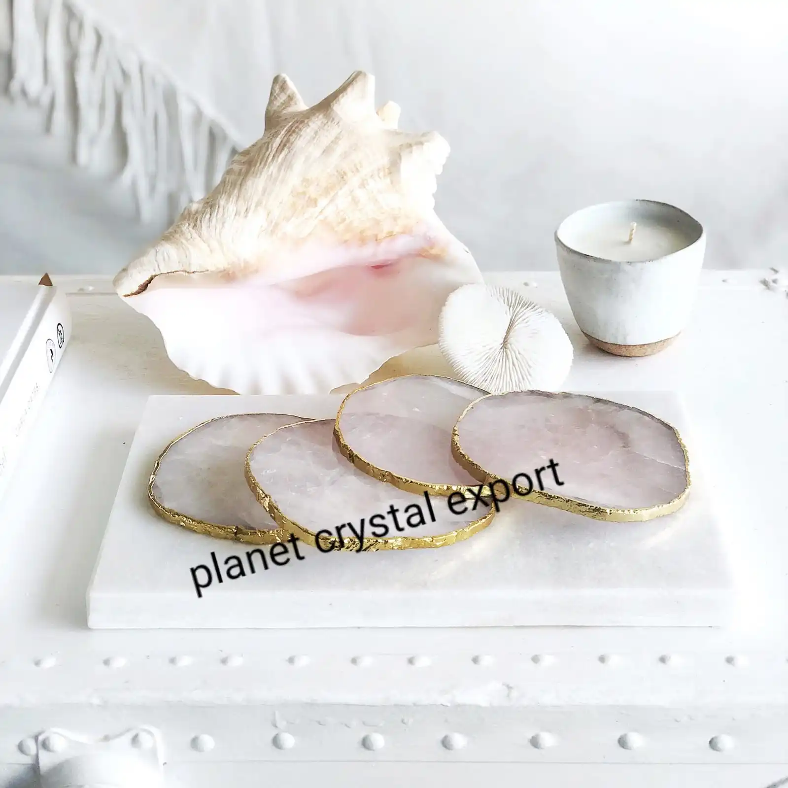 Agate Coaster/Wholesale Natural Rose Quartz Agate Coaster With Gold & Silver Plated Rim Buy From Planet Crystal Exports