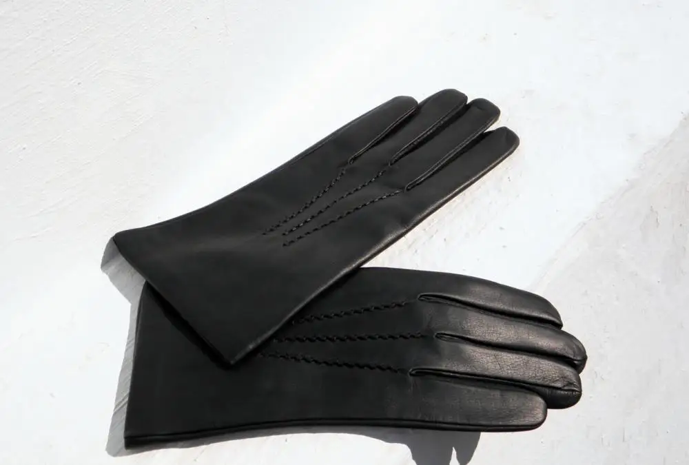 Girls Silky Dressed Black Leather Women Fur Lined Gloves Cotton PU leather gloves Touch Screen Gloves