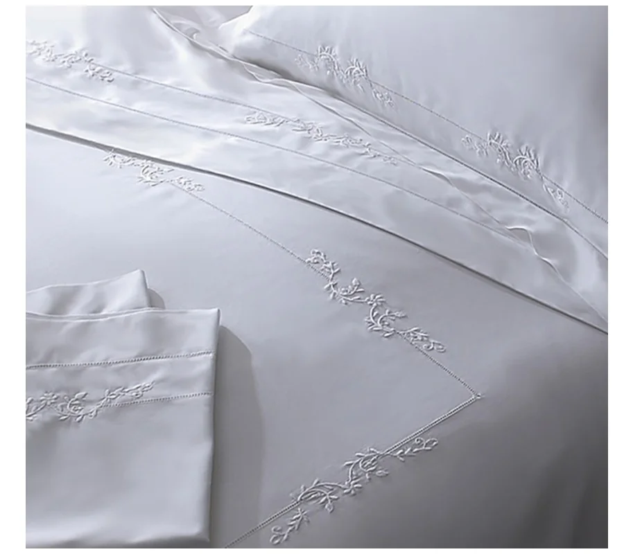 Embroidery Elegant White Flat Sheet High Quality Satin Bed Sheets White Embroidered Pillowcases Double Hemstitch Bedding Sets