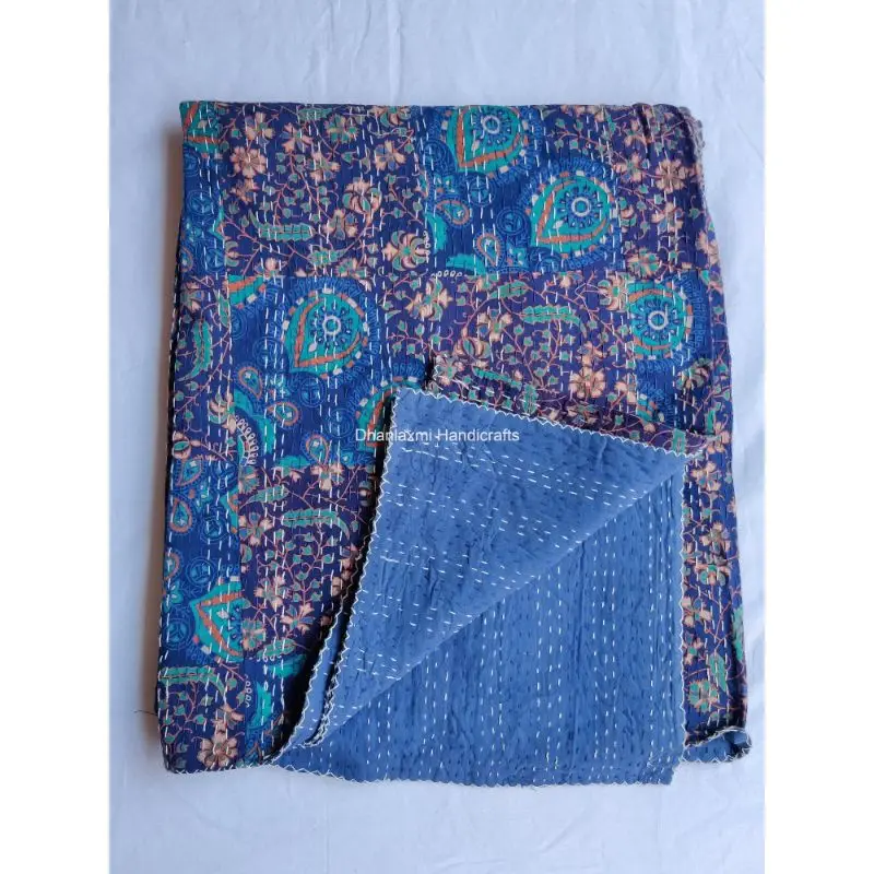 Хлопковое одеяло Kantha ручной работы индийский дизайн зеленый цвет нашивка принт Gudari красивый домашний декор покрывало оптом