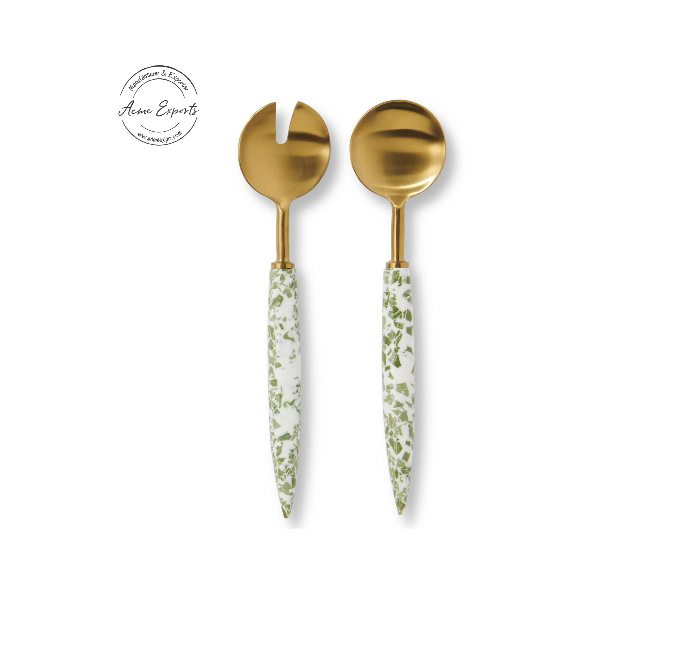 Customized Designed Luxury Brass Handcrafted Small Size Salad Severing Set Marble Stone Handle For Restaurants Royal Flatware