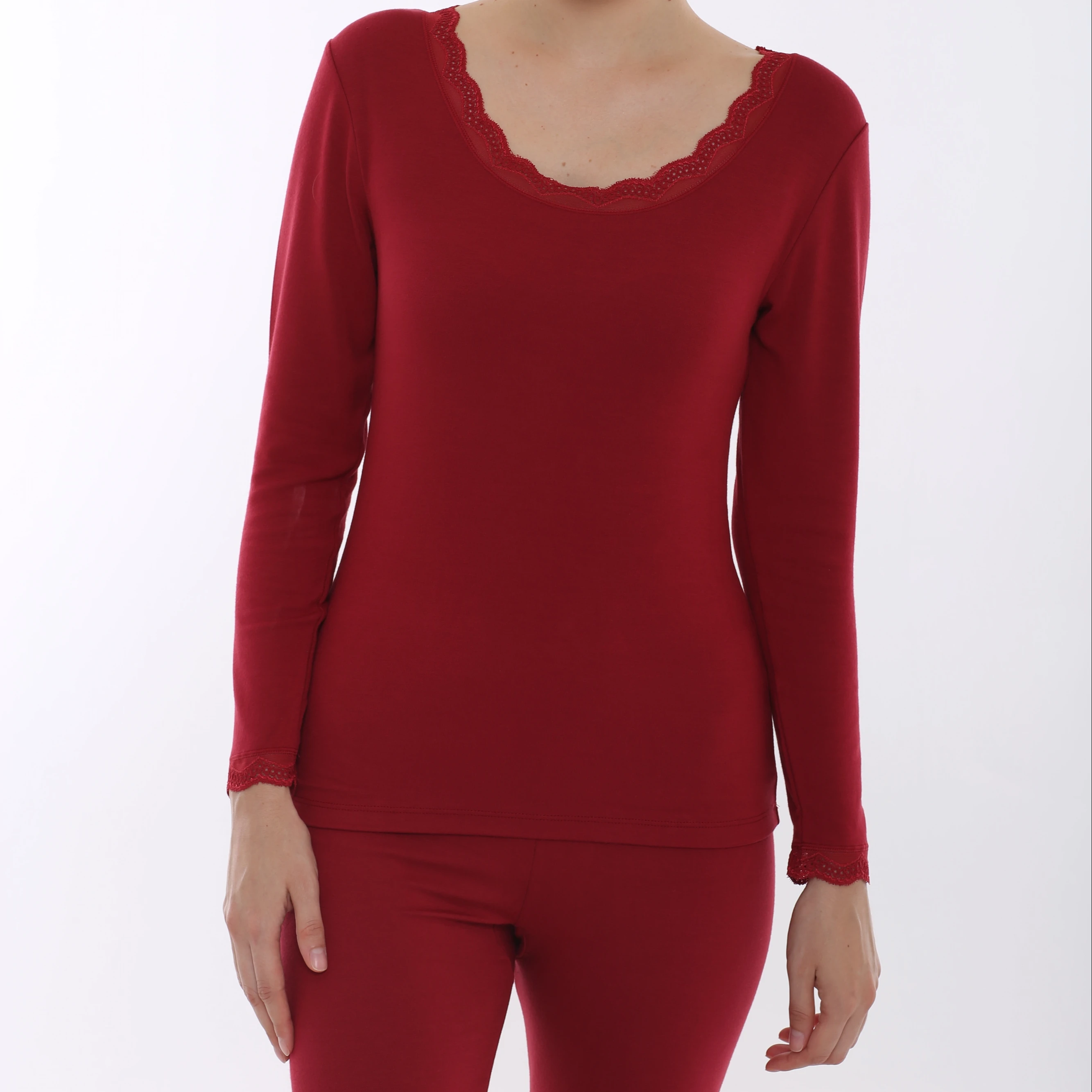 
Modal Lace Edge Round Collar Cozy Cotton Long Sleeve Shirts Underwear Set Lingerie Set Women Viscose Fiber & Spandex Red 