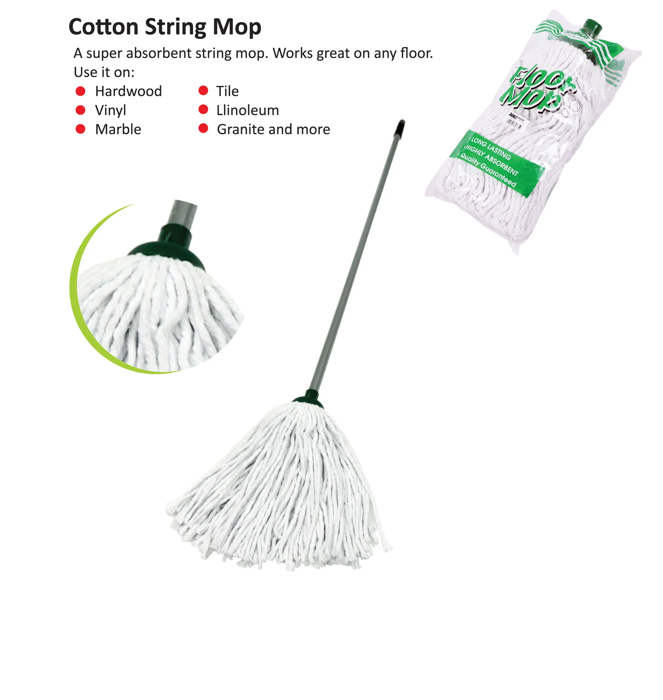 Malaysia Best Selling Dust Mop Floor Cleaning White Cotton Mop with Long Handle