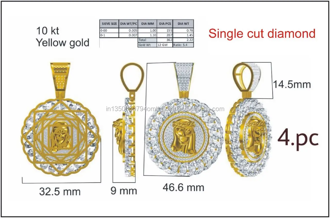 Single cut diamond 12 gram 10kt yellow gold custom pendant for men /unique design pendant