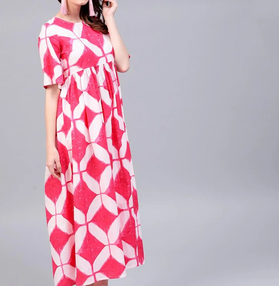 Wholesale New Arrival Lady Turn-down Collar Floral Printed Clothing Women Pleated Dresses
