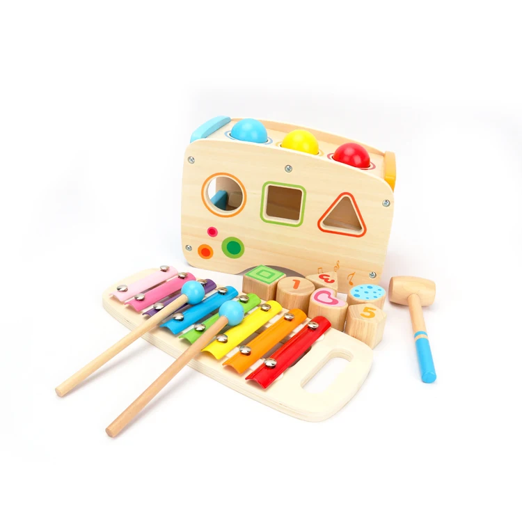 
2020 Hot Selling Wooden 3 in 1 Percussion Table, Piano, Hamster Set Baby Cheap ECO-Friendly Toys 