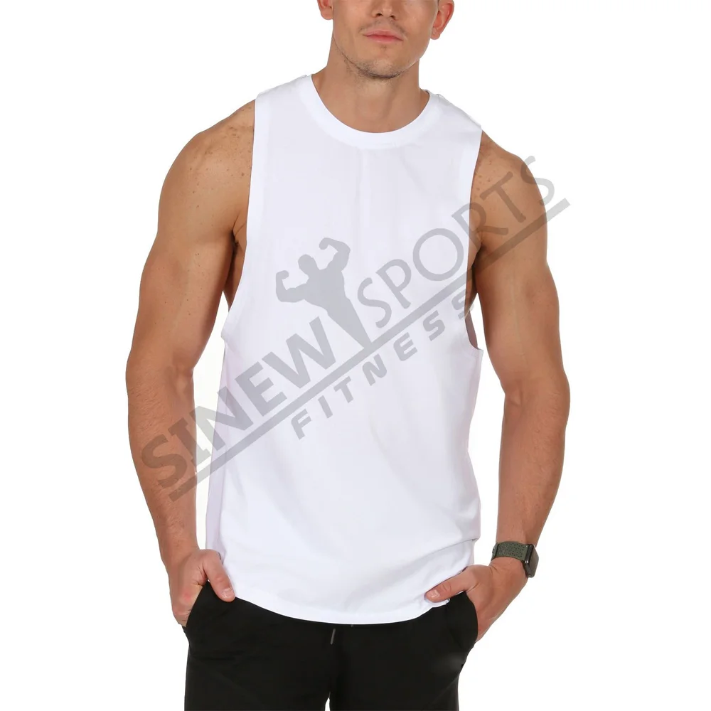 Lifestyle Cut Off Shirt Curved Hem Tank Top Men 95% Cotton 5% Elastane Gym Shirt Deep Cut Muscle Tee