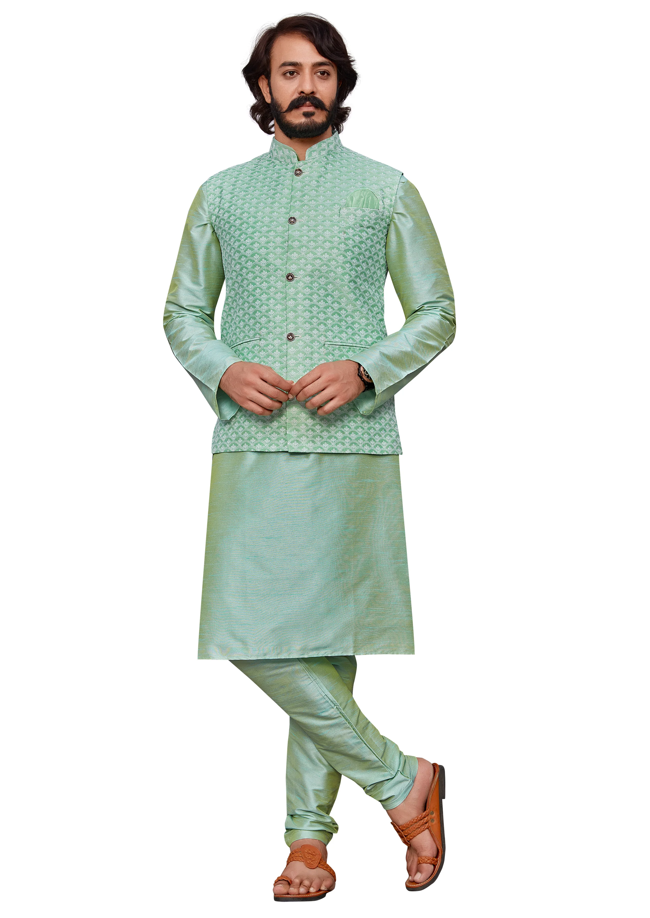 
Lucknowi Work Kurta Pajama With Modi Jacket Mens wear Collection 