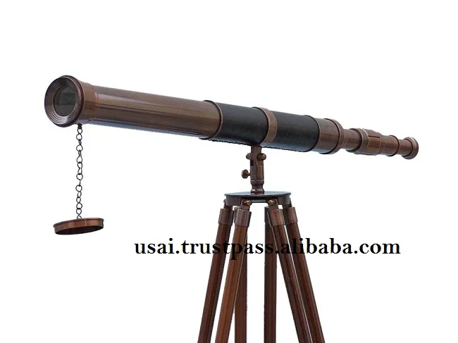 Antique Brass Telescope with Brown Leather Shelted Admirals Floor Standing Antique Copper with Wood Stand Telescope